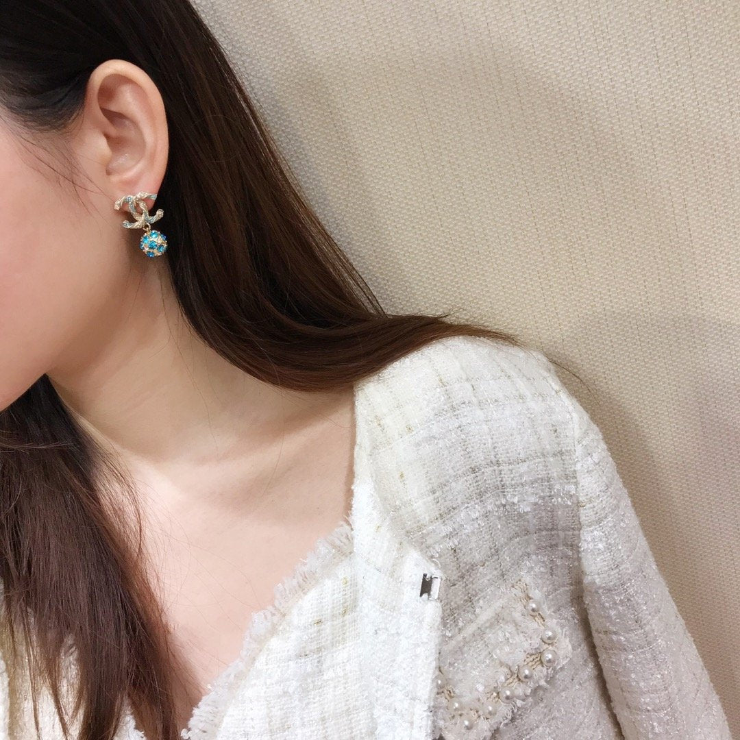 CHANEL Elegant Blue Rhinestone Ball Pendant Earrings