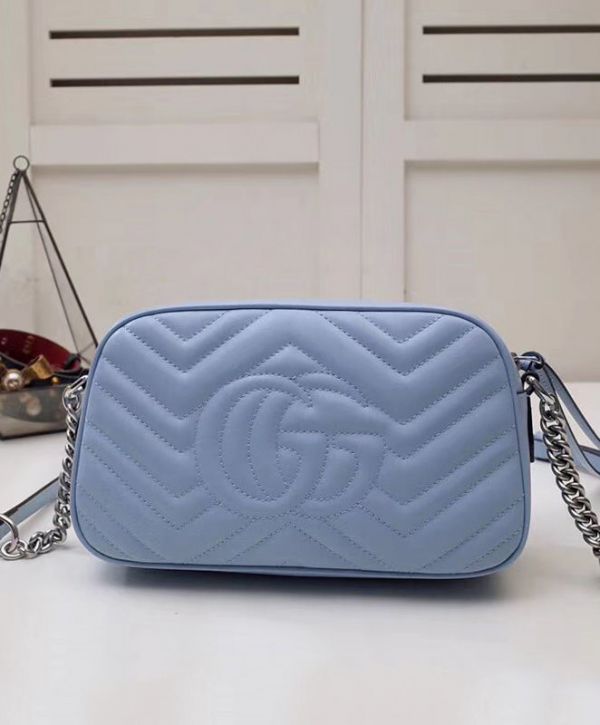 Gucci GG Marmont Small Light Blue Chevron Quilted Leather Silver Logo Signature Women Fashion Chain Crossbody Bag