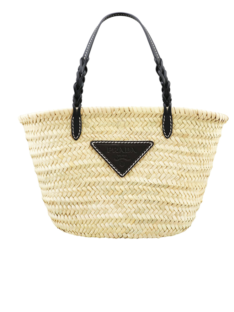 Prada Woven Palm and Leather Tote in Black