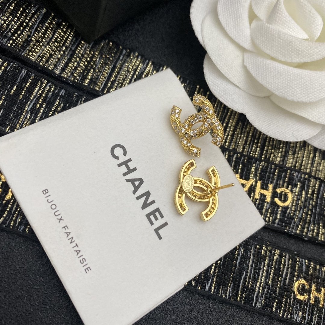CHANEL Luxury Zircon Double C Stud Earrings