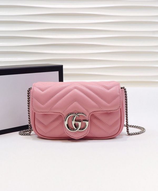 Gucci GG Marmont Waved Design Silver GG Buckle Women Latest Pink Quilted Super Mini Flap Handbag For Sale