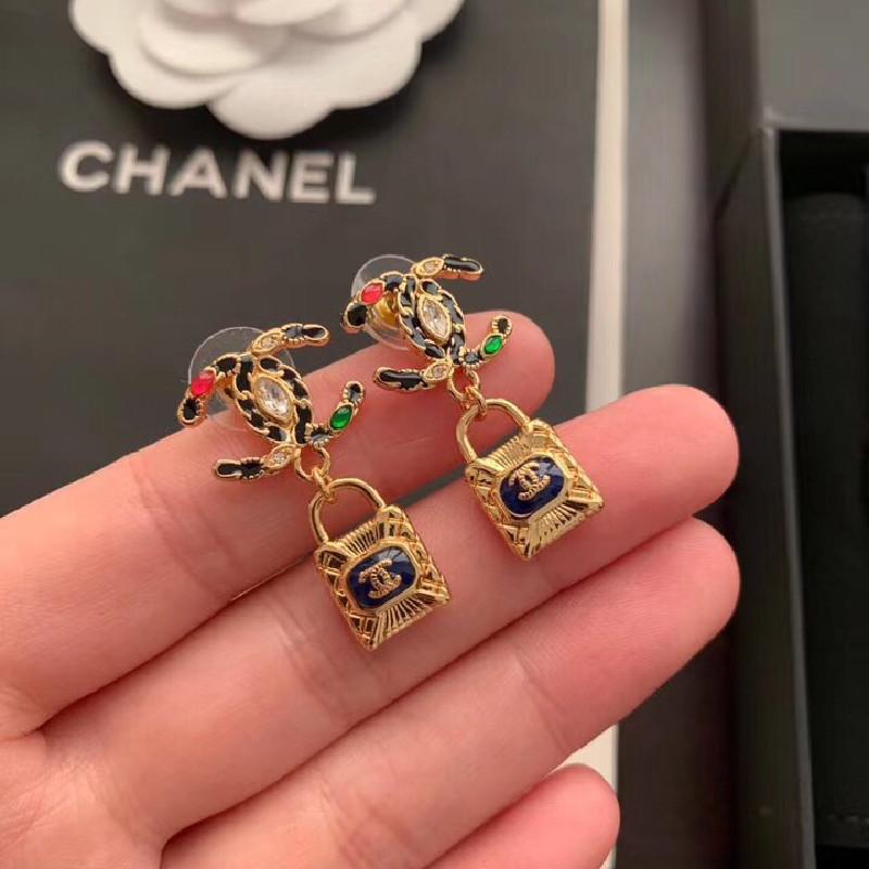 CHANEL Fashion Rhinestone Lock Earrings