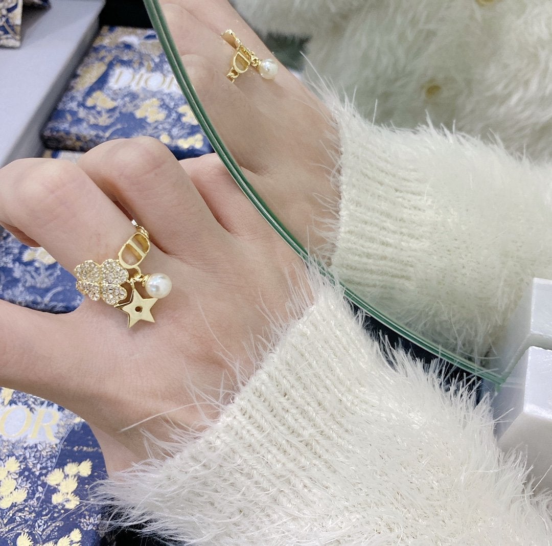 DIOR Luxury Flower Crystal Pearl Ring