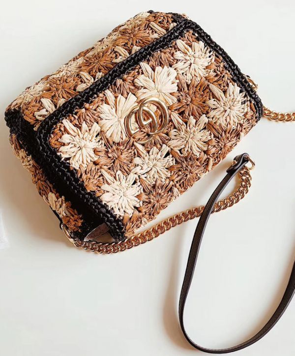 Gucci GG Marmont Crochet Flower Pattern Gold Logo Buckle Women Beige & Camel Viscose Raffia Flap Crossbody Bag