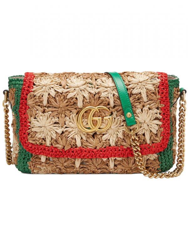 Gucci GG Marmont Red & Green Web Trimming Golden GG Logo Decoration Female Viscose Raffia Braided Flower Motif Chain Bag