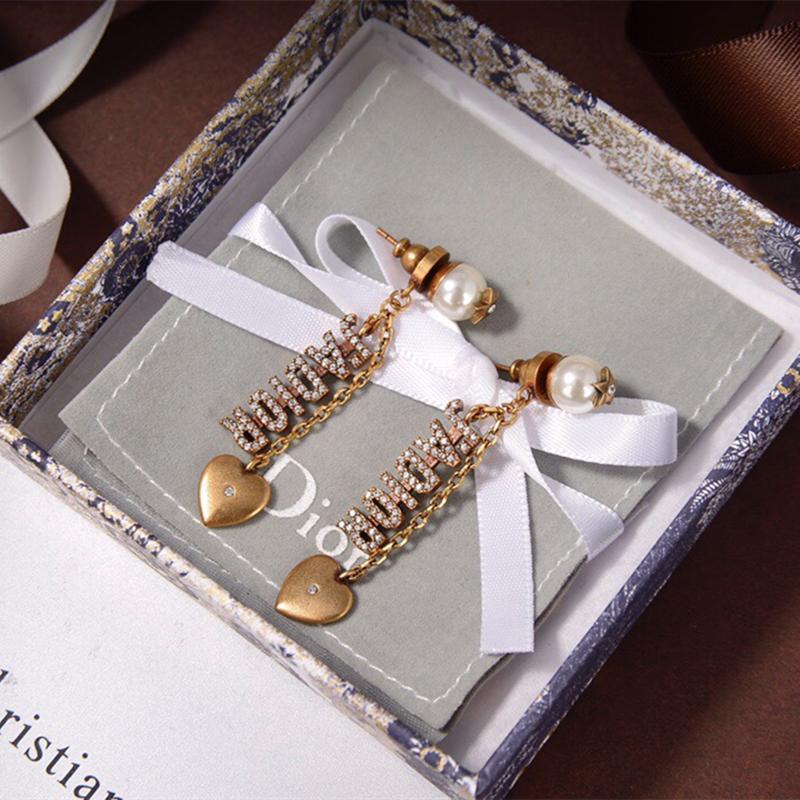 DIOR Vintage Rhinestone Letter Heart Pendant Earrings