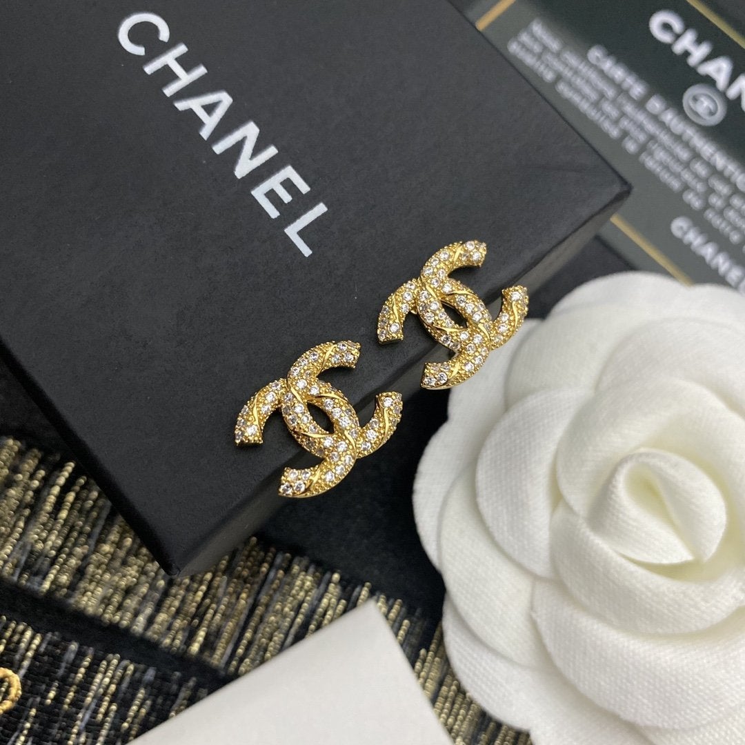 CHANEL Luxury Zircon Double C Stud Earrings