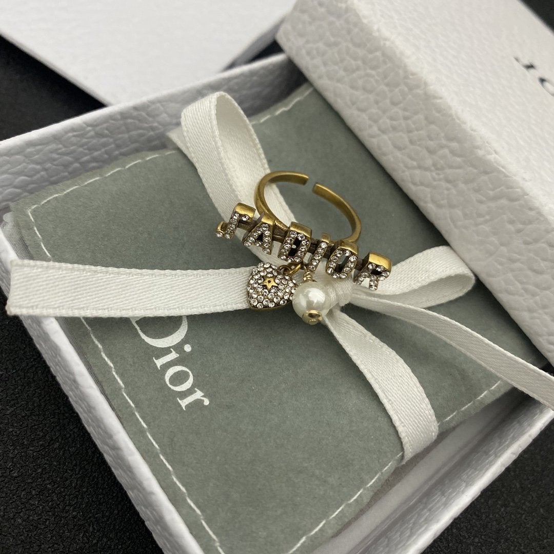 DIOR Vintage Rhinestone Letter Heart Shaped Pearl Pendant Open Ring