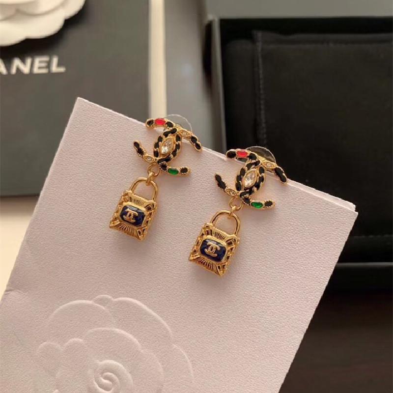 CHANEL Fashion Rhinestone Lock Earrings