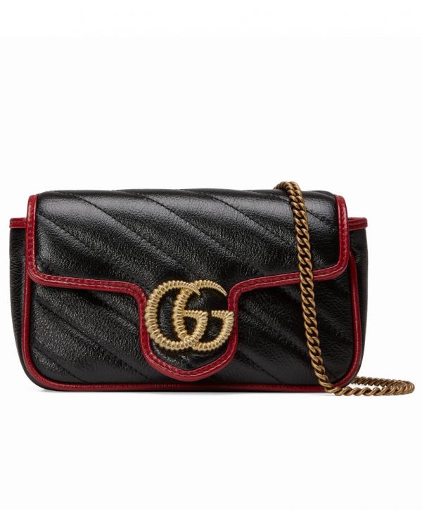 Gucci GG Marmont Super Diagonal Stripes Ttwisted Torchon Brass GG Buckle Red Leather Trimming Black Cowhide Leather Chain Bag