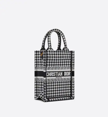 MINI DIOR BOOK TOTE PHONE BAG Black and White Micro Houndstooth Embroidery (13 x 18 x 5 cm)