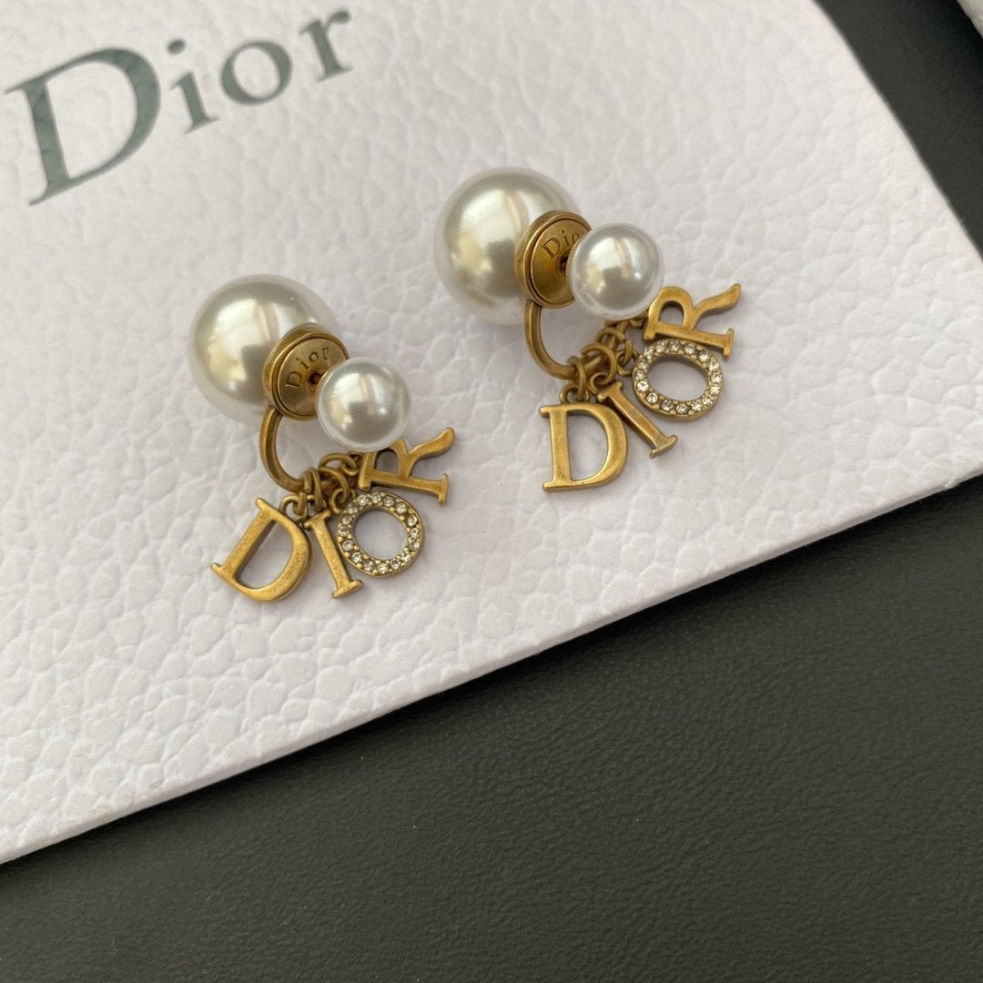 DIOR Fashion Pearl Rhinestone Letter Pendant Earrings