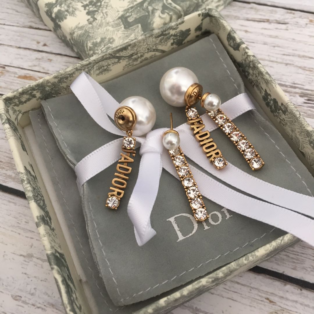 DIOR Vintage Pearl Rhinestone Letter Pendant Earrings