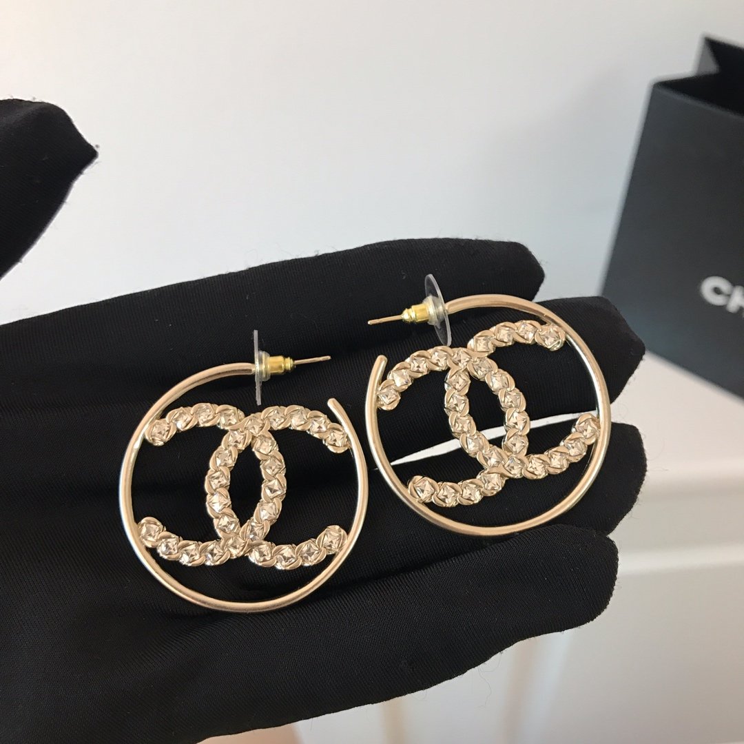 CHANEL Large Circle Rhinestone Pierced Earrings