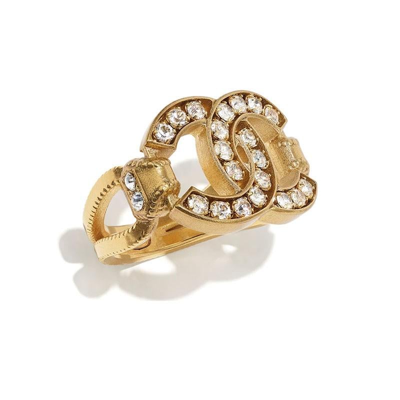 CHANEL Crystal and Diamond Double C Vintage Distressed Ring