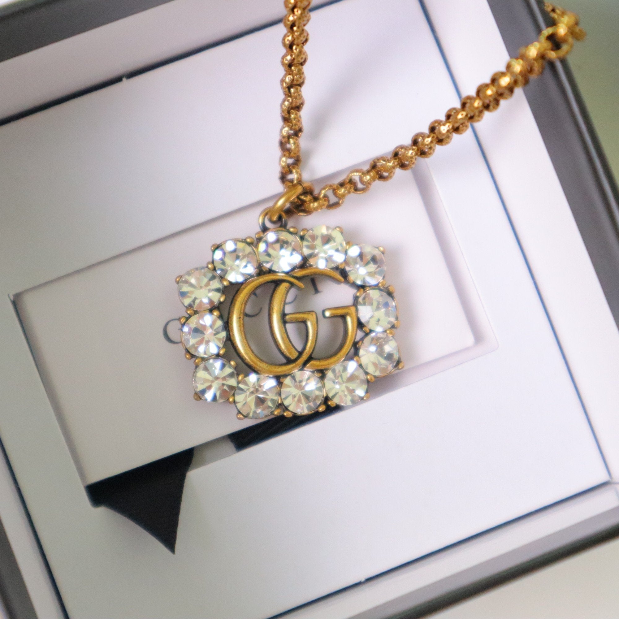 GUCCI Retro Distressed Crystal Necklace with Diamonds Necklace