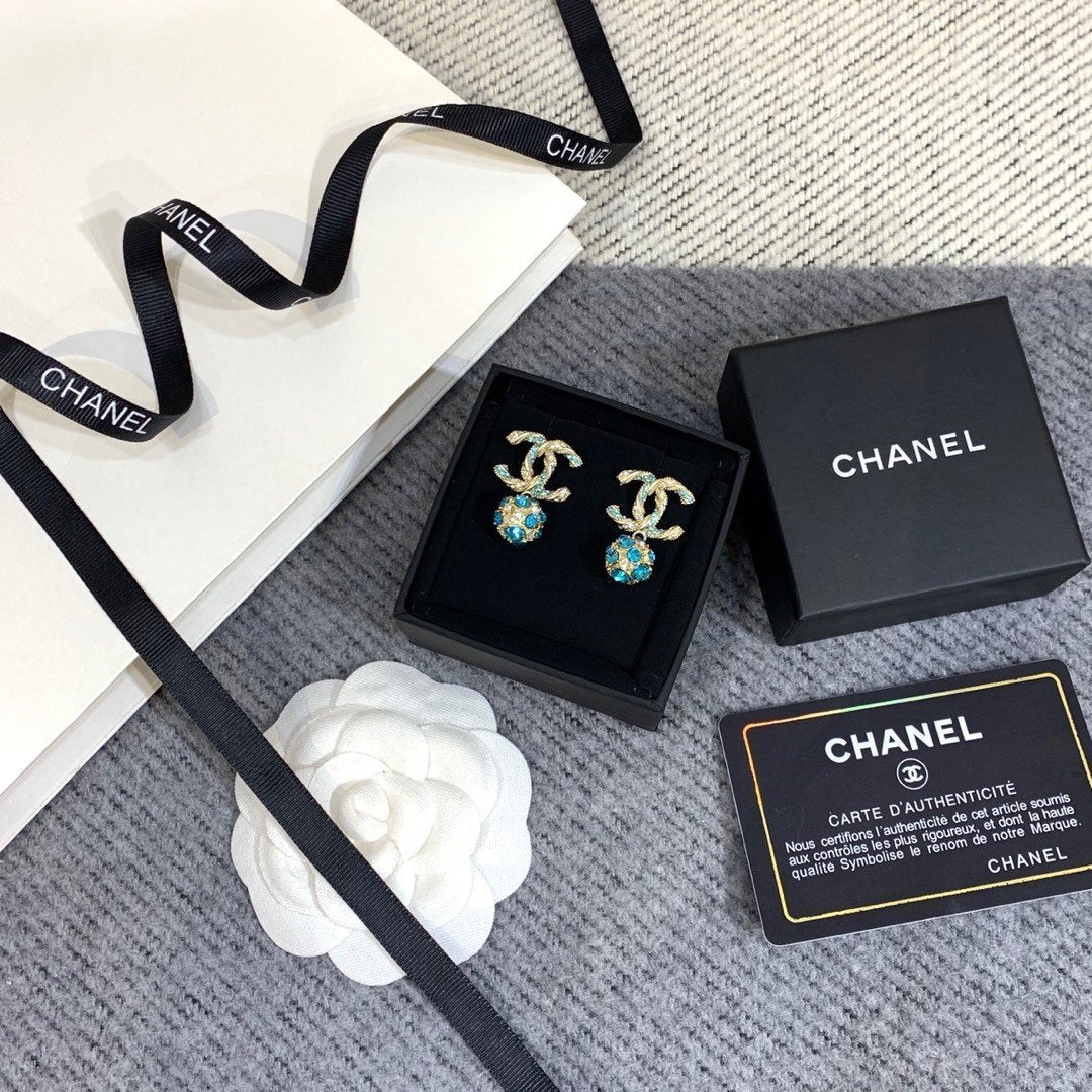 CHANEL Elegant Blue Rhinestone Ball Pendant Earrings
