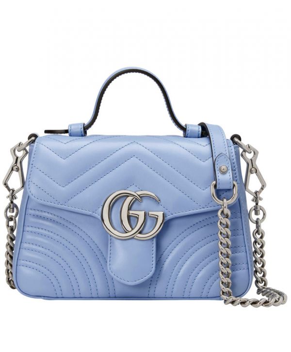 Gucci GG Marmont Mini Single Top Handle Shiny Silver GG Logo Buckle Waved Stripe Motif Light Blue Leather Shoulder Bag UK