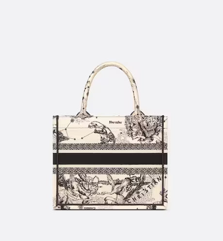 SMALL DIOR BOOK TOTE Latte Toile de Jouy Zodiac Embroidery (26.5 x 21 x 14 cm)