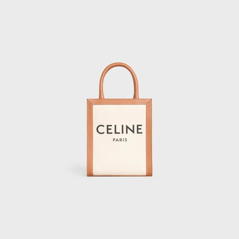 MINI VERTICAL CABAS CELINE IN TEXTILE WITH CELINE PRINT AND CALFSKIN NATURAL / TAN