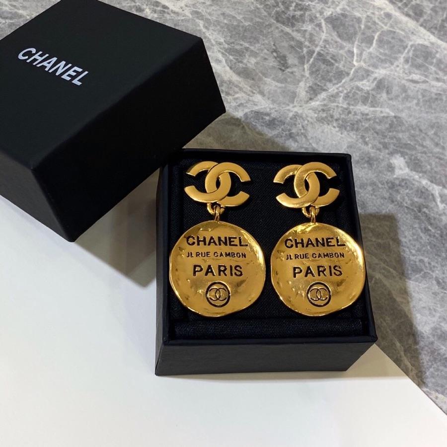CHANEL Vintage brass engraving pendant earrings