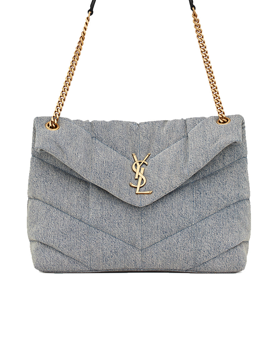 New Trends Puffer Medium Chain Bag in Denim and Smooth Leather