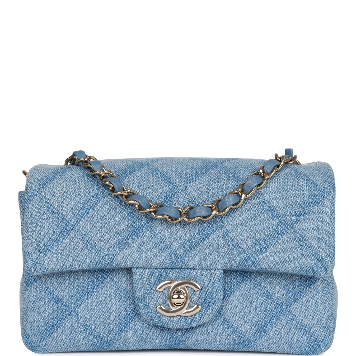 Blue Quilted Denim Rectangular Mini Flap Bag Gold Hardware