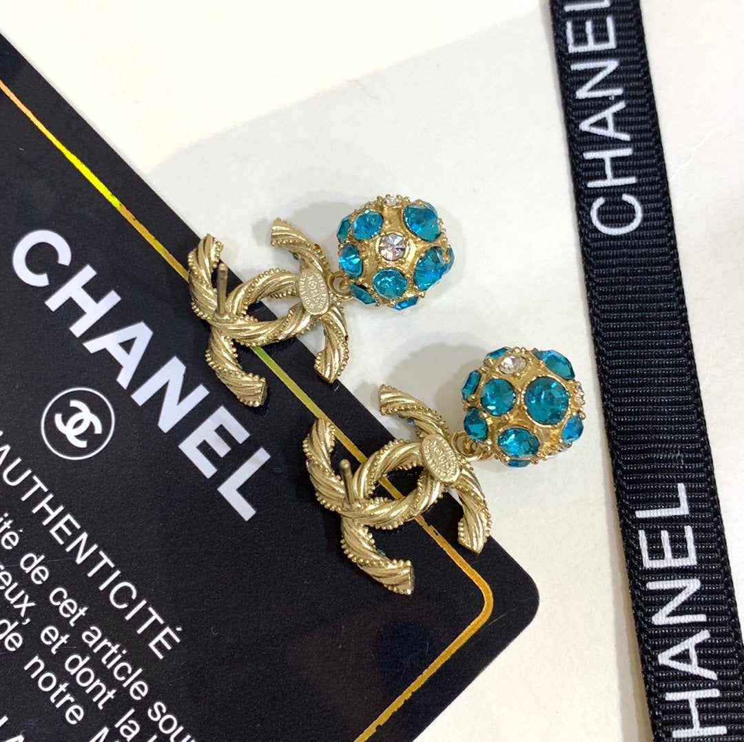 CHANEL Elegant Blue Rhinestone Ball Pendant Earrings