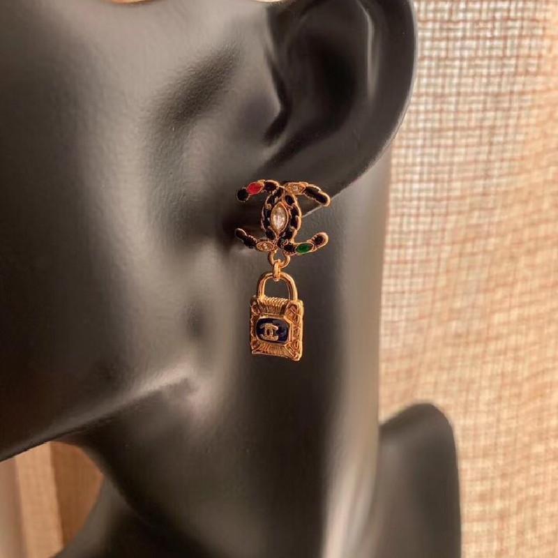 CHANEL Fashion Rhinestone Lock Earrings
