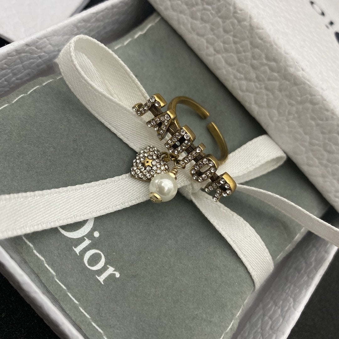 DIOR Vintage Rhinestone Letter Heart Shaped Pearl Pendant Open Ring