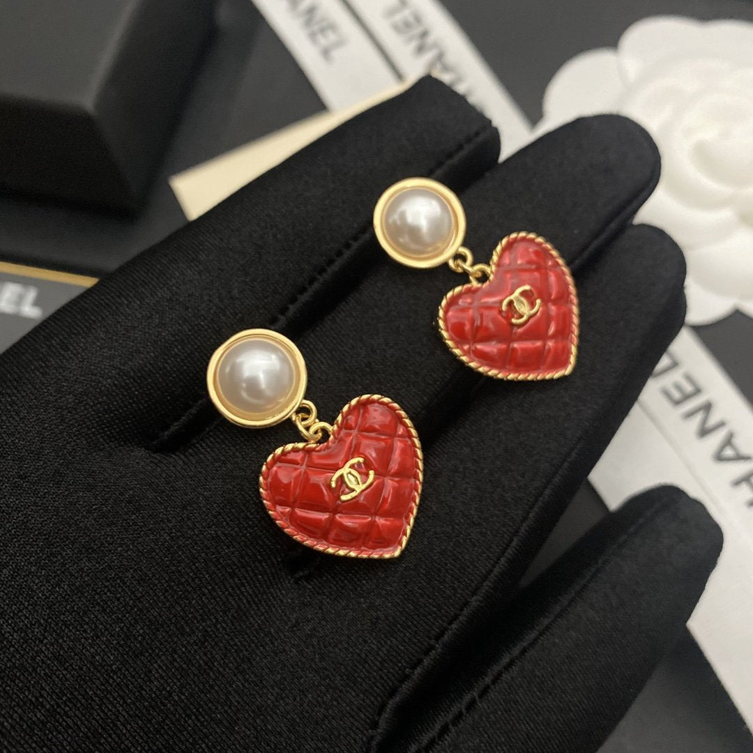 CHANEL Red Peach Heart Small C Earrings