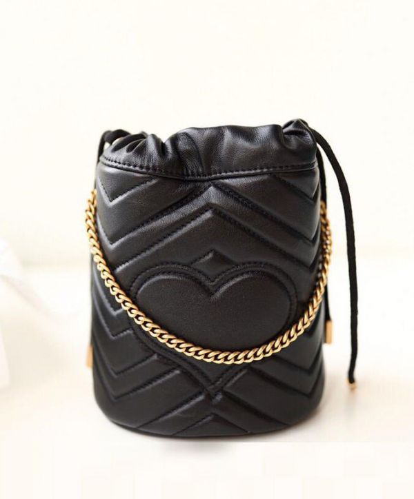 Gucci GG Marmont Wave Design Drawstring Closure Brass Chain Strap Black Matelassel Leather Mini Buckle Bag For Ladies 575163