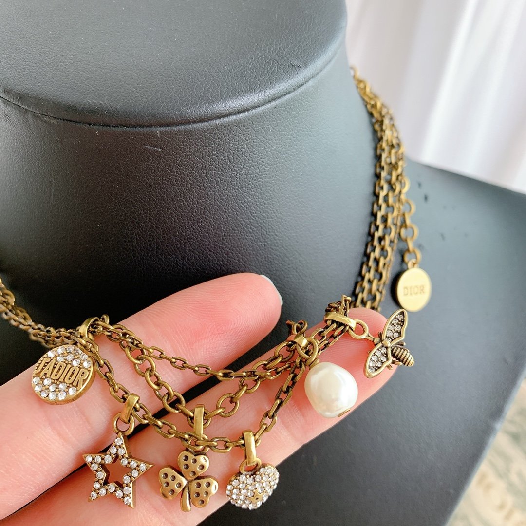 DIOR Crystal Clover Star and Heart Charm Ladies Necklace