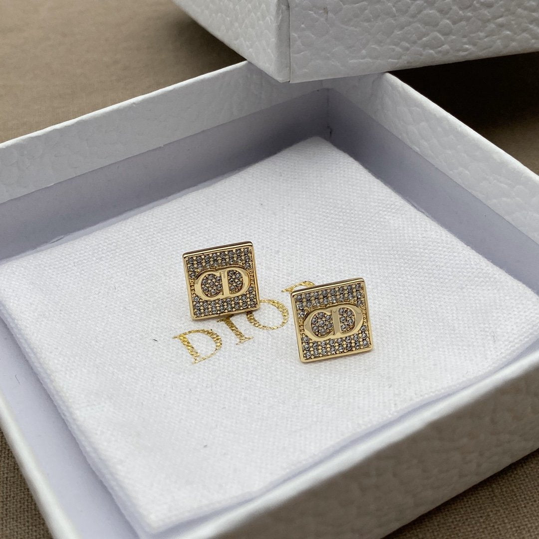 DIOR Fashion Square Rhinestone CD Earrings