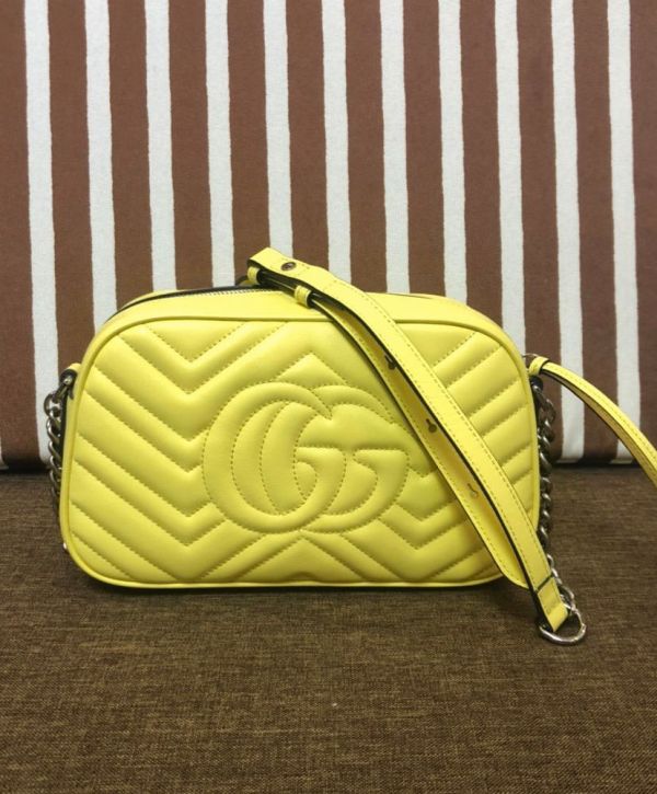 Gucci GG Marmont Chevron Design Silver GG Logo Signature Lemon Yellow Quilted Leather Small Chain Shoulder Bag Ladies New