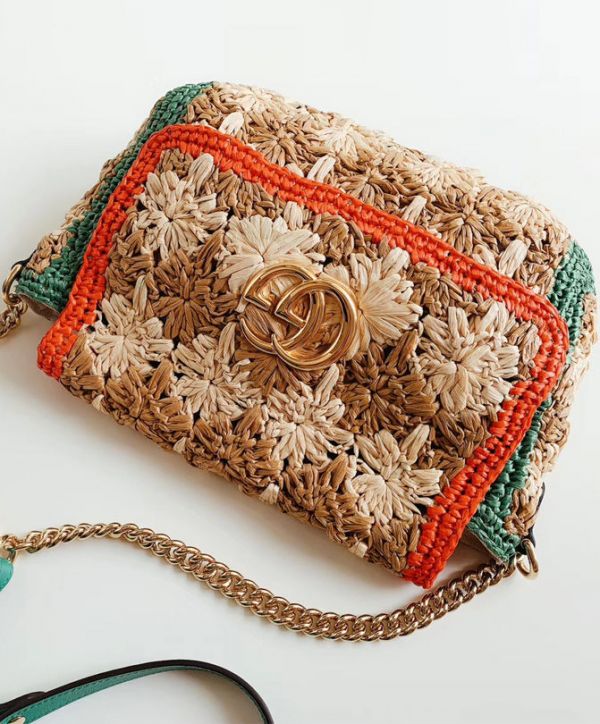 Gucci GG Marmont Red & Green Web Trimming Golden GG Logo Decoration Female Viscose Raffia Braided Flower Motif Chain Bag