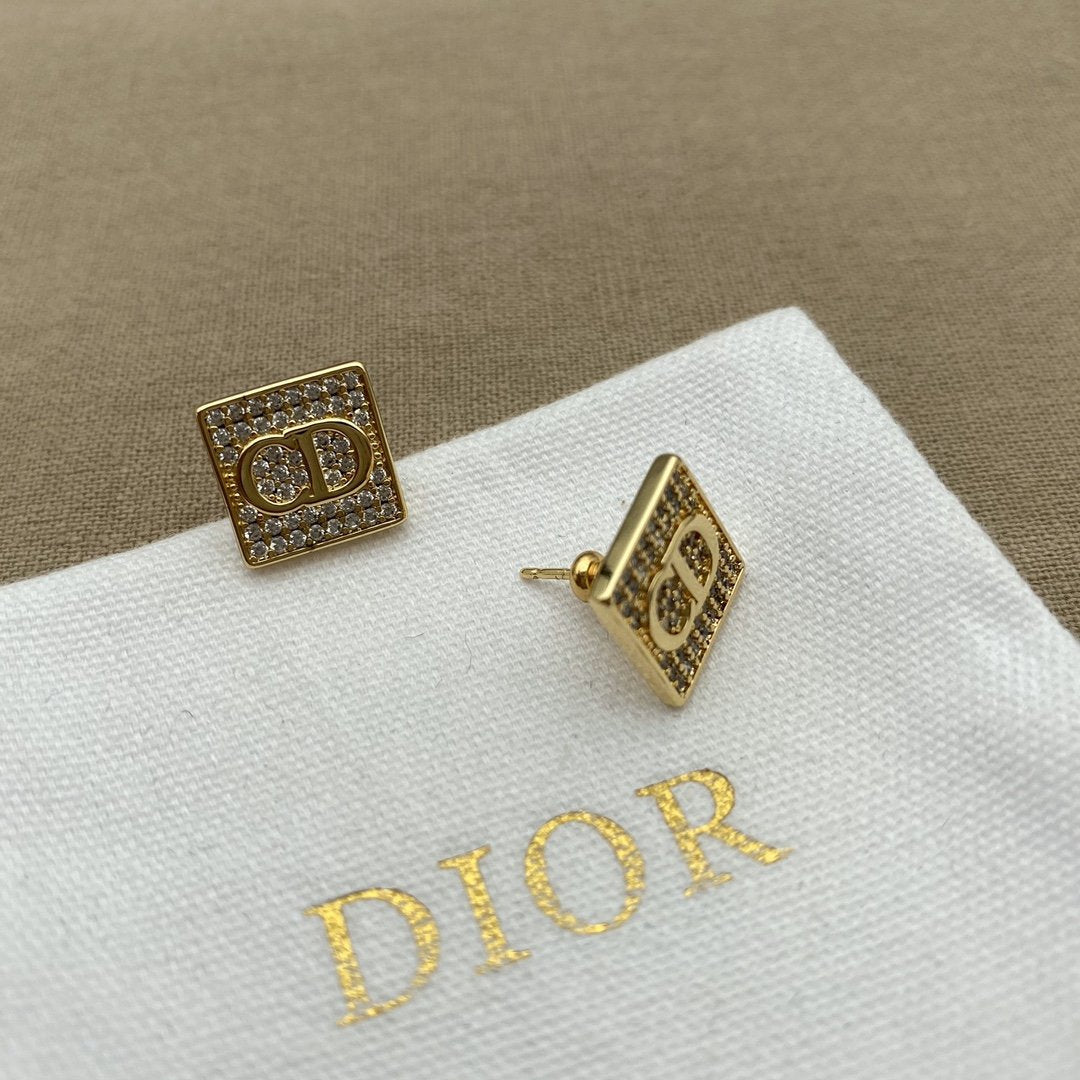 DIOR Fashion Square Rhinestone CD Earrings