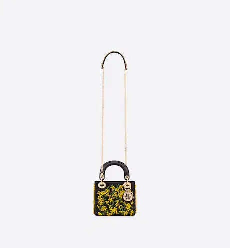 MINI LADY DIOR BAG Yellow and Green Black Mimosa Embroidered Satin