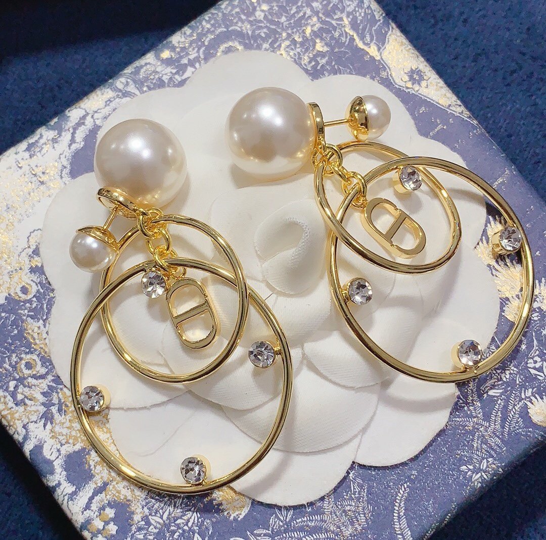 DIOR Pearl Double Ring 925 Silver Needle Earrings