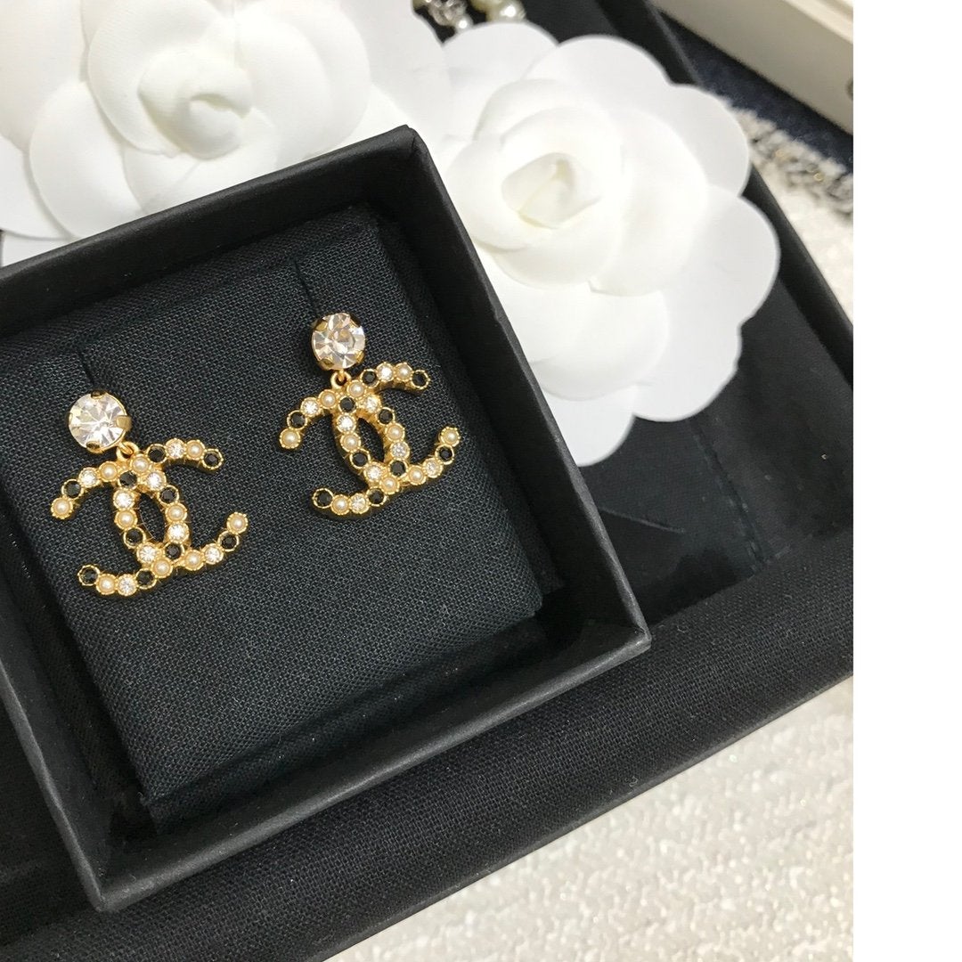CHANEL Black and White Crystal Earrings