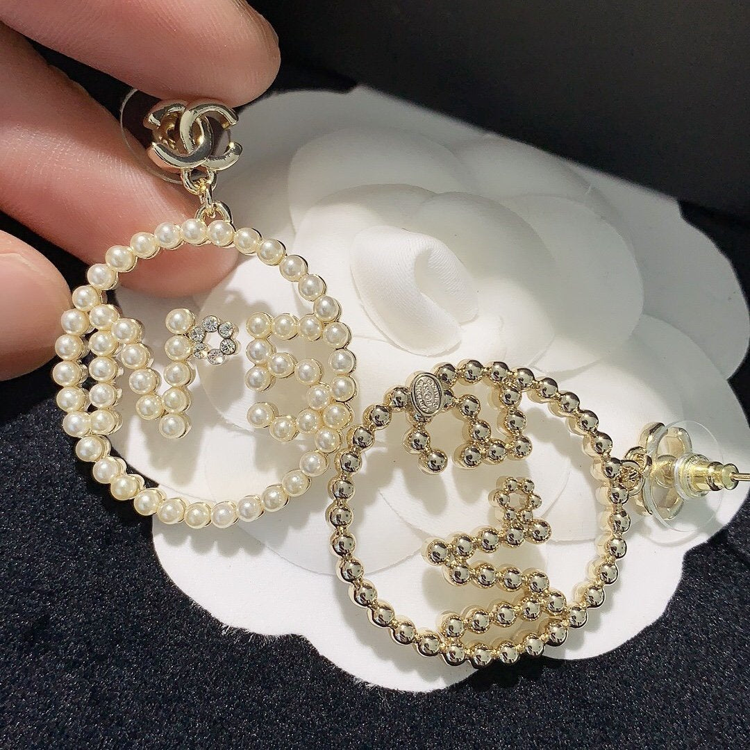CHANEL Fashion Round Pearl Letter Earrings
