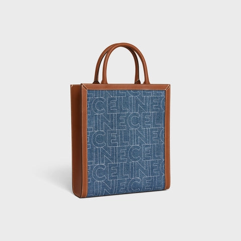 SMALL VERTICAL CABAS CELINE IN DENIM WITH CELINE ALL-OVER PRINT NAVY / TAN