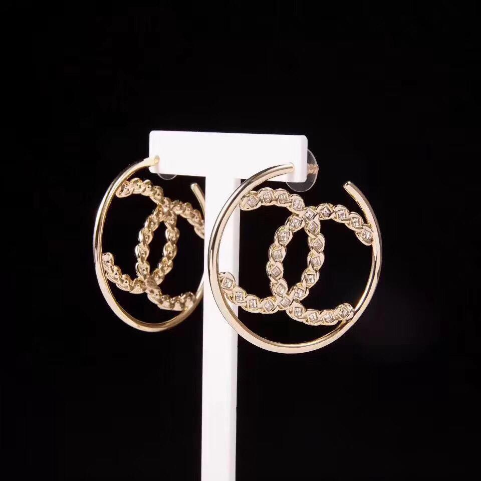 CHANEL Large Circle Rhinestone Pierced Earrings