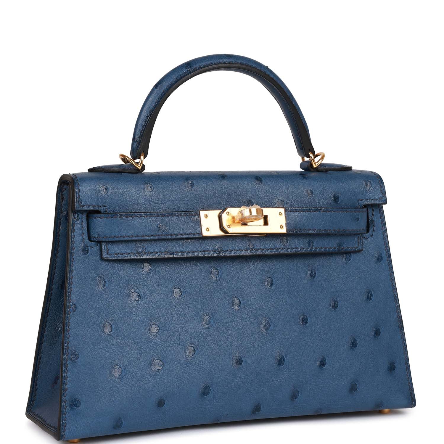 Hermès Kelly Sellier 20 Bleu Iris Ostrich Gold Hardware