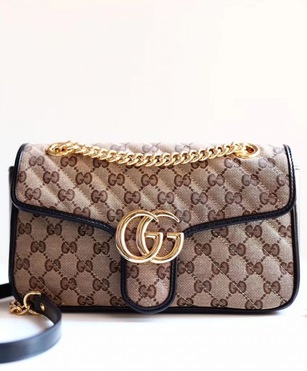 Gucci GG Marmont Logo Pattern Double G Magnetic Buckle Apricot Canvas & Black Leather Female Shiny Golden Chain Handbag 443497 HVKEG 9772