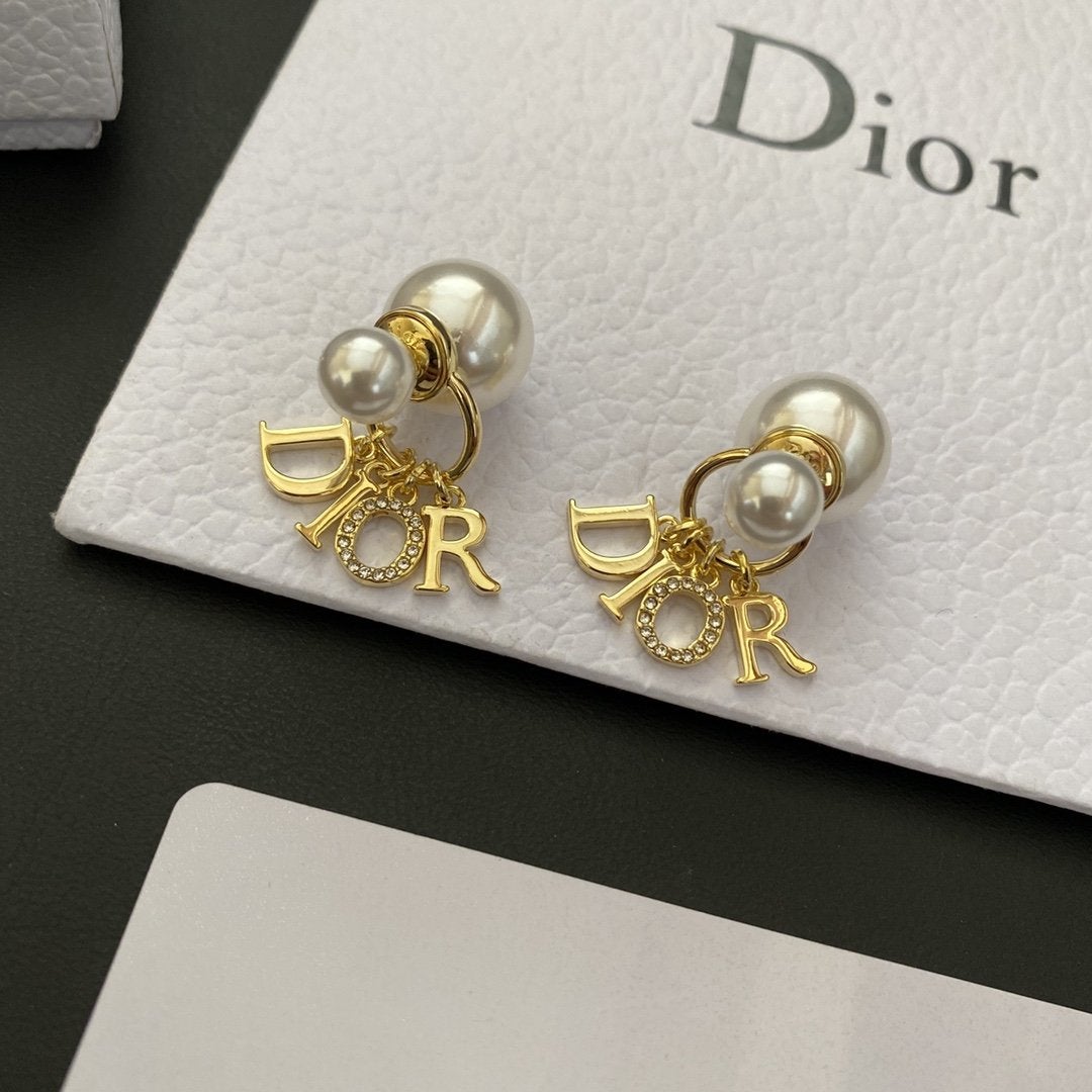 DIOR Fashion Pearl Rhinestone Letter Pendant Earrings