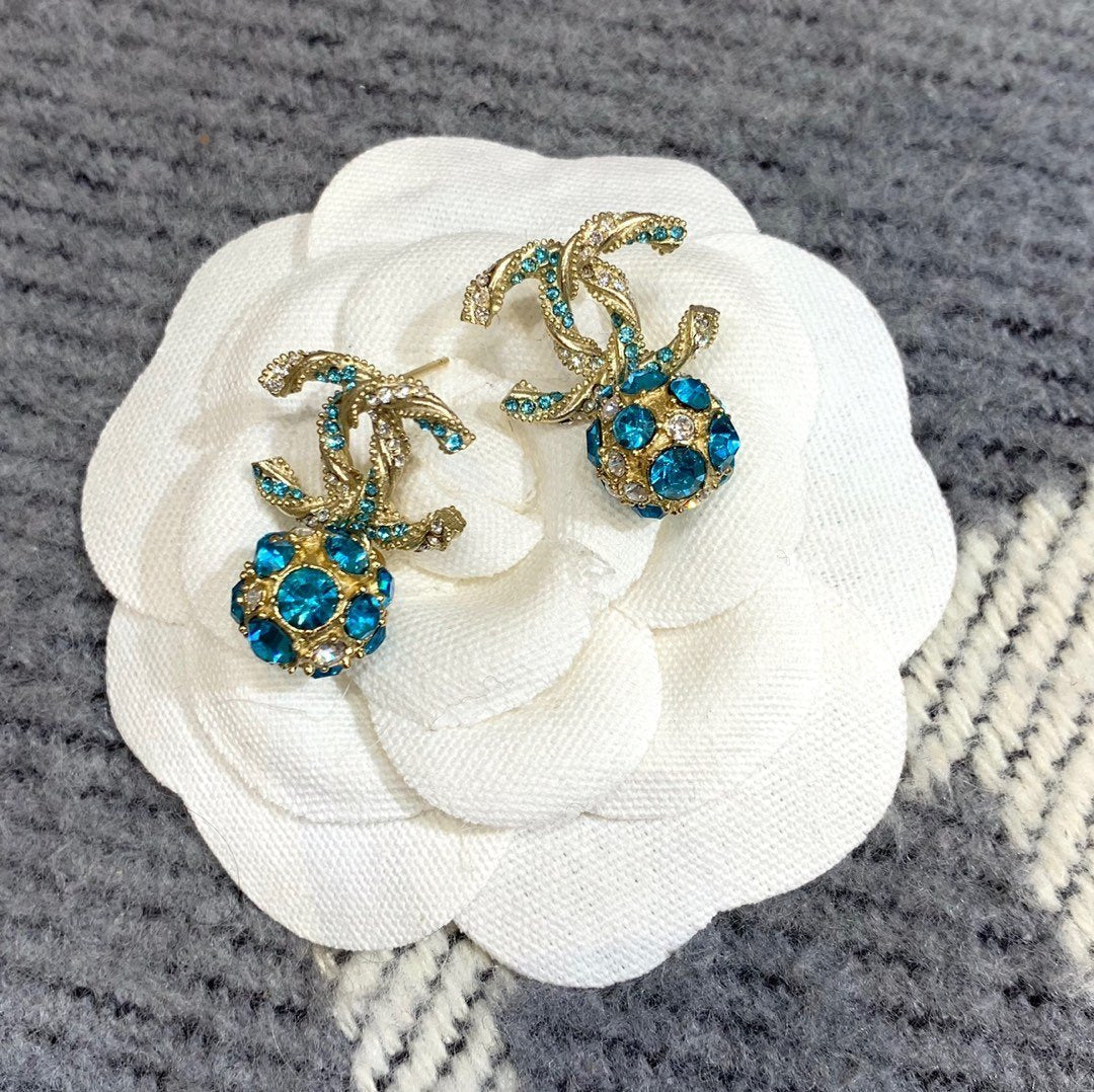 CHANEL Elegant Blue Rhinestone Ball Pendant Earrings