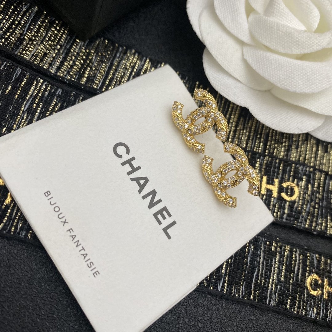 CHANEL Luxury Zircon Double C Stud Earrings