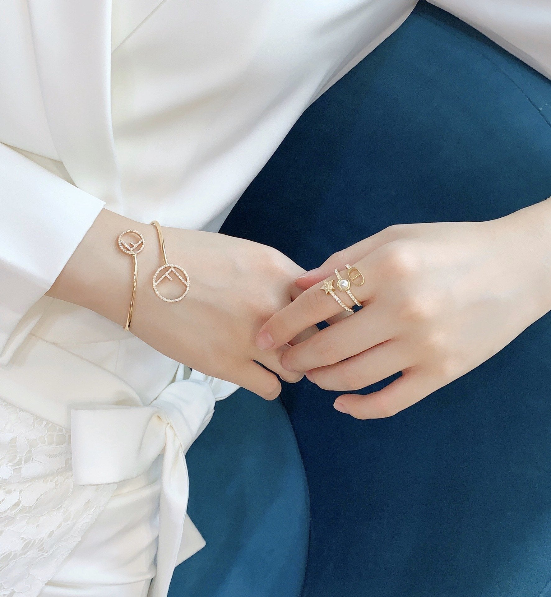 DIOR Letter Rhinestone Double Ring Split Ring