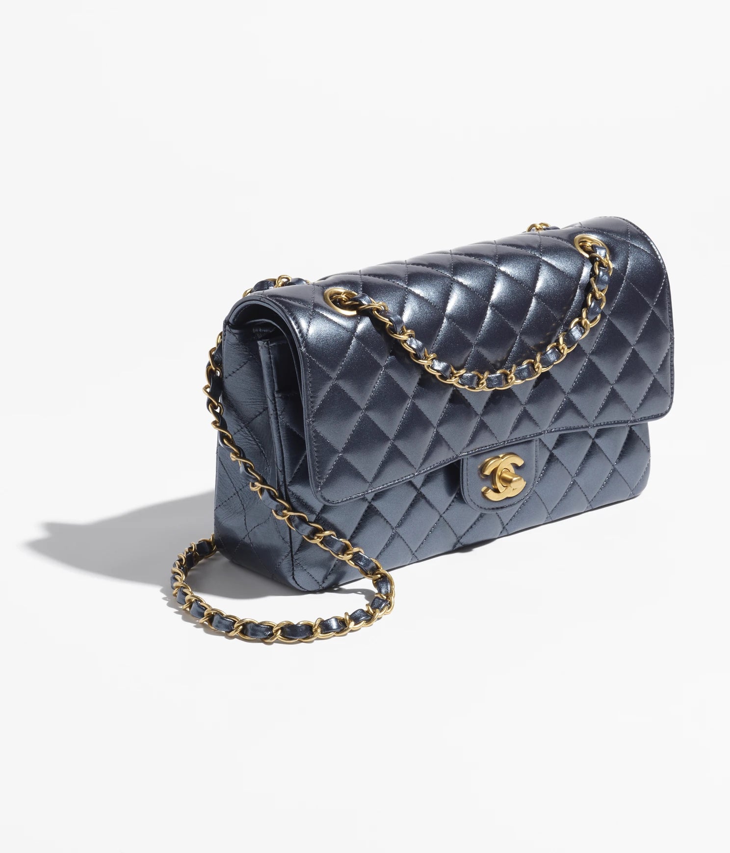 CLASSIC HANDBAG Metallic Calfskin & Gold Metal Navy Blue
